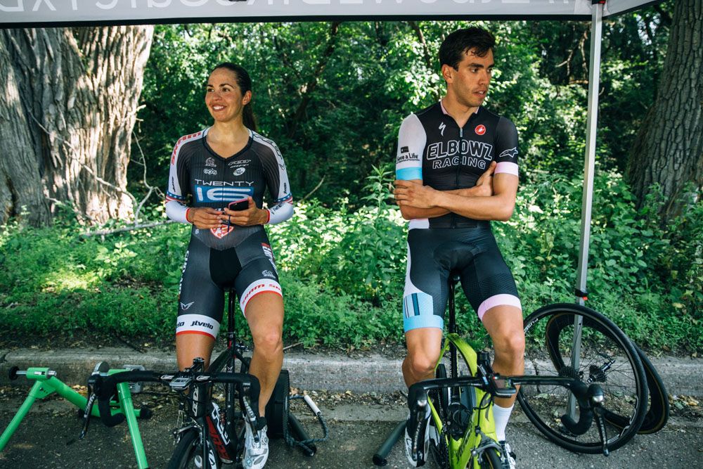 Carmen Small cools down alongside Tony Baca. Elbowz Racing is serving as a guest team for Carmen as she races against the men for the first time