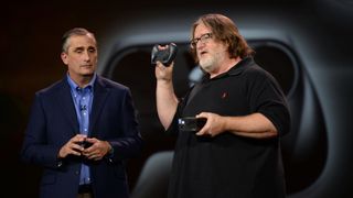 Gabe Newell, co-founder of game-maker Valve, discusses Intel's role in Valve's gaming development, during Krzanich's keynote address at the 2014 International CES at The Venetian hotel.