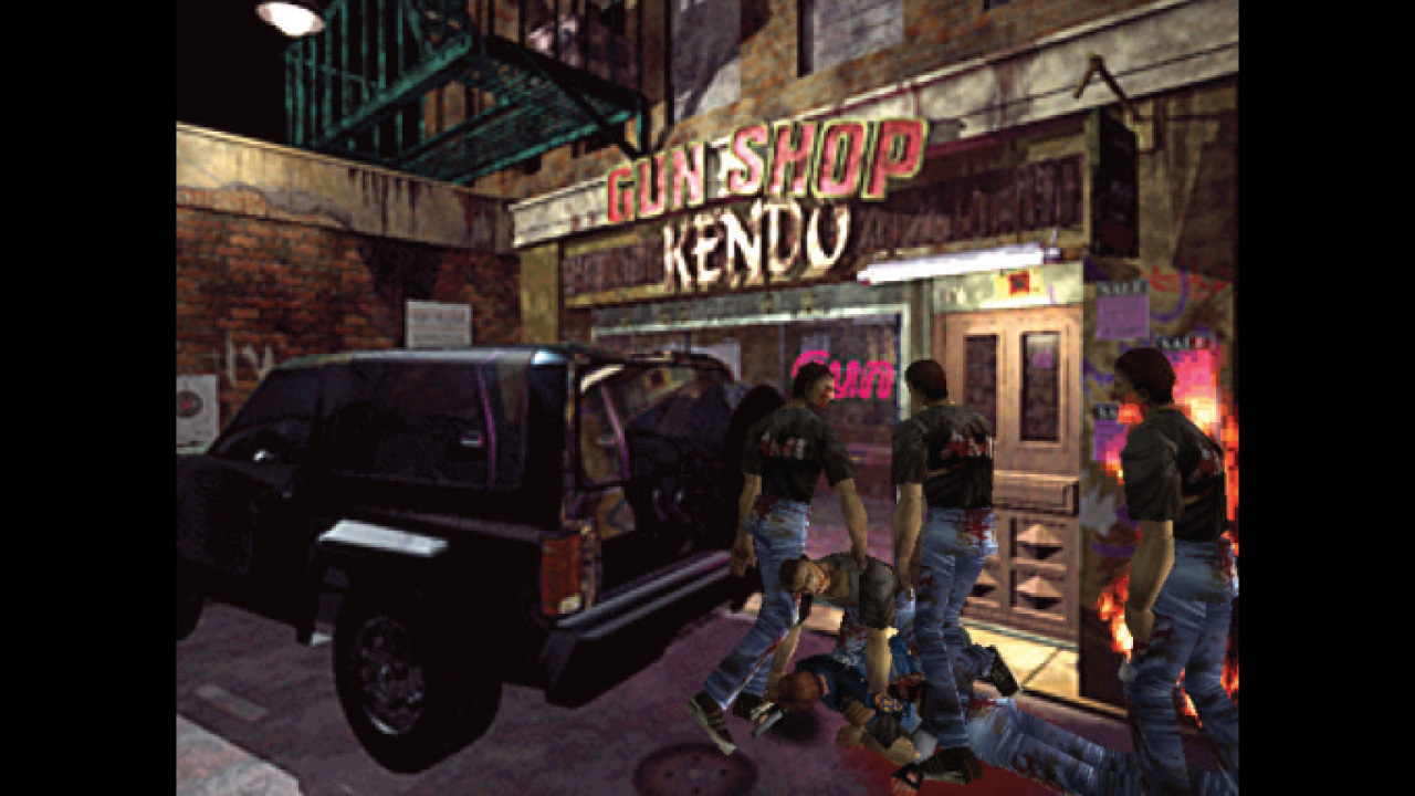Zombies swarm Leon Kennedy outside Gun Shop Kendo in Resident Evil 2's Nightmare Mode