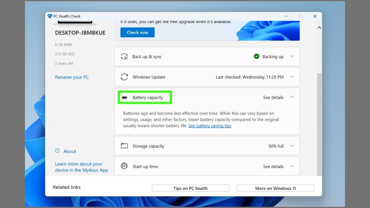 PC Health Check - Screenshots showing how to check the health of your Windows PC using Battery Efficiency