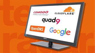 Beste gratis DNS server: Comodo, Google, Cloudflare, quad9 og OpenDNS logo på en skjerm
