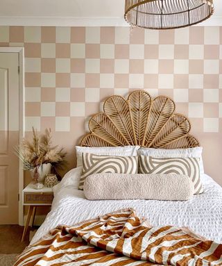a checkerboard wall in a bedroom