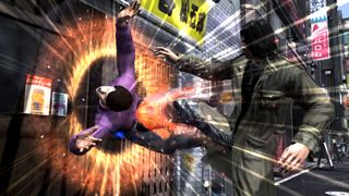 Taiga Saejima uses a heat action to plaster an enemy onto a wall with a flashing impact effect in Yakuza 4