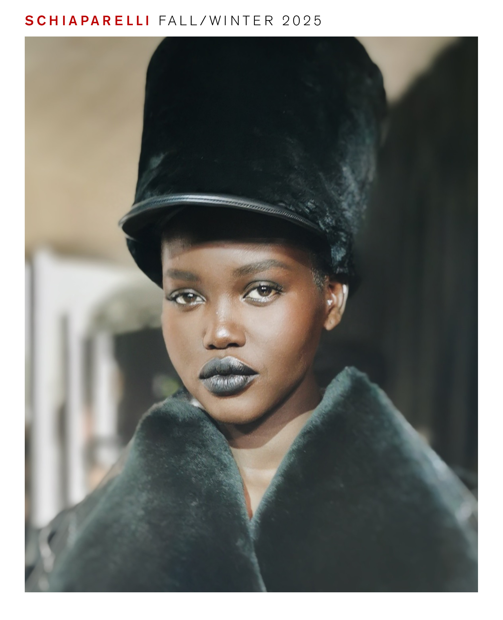Model wearing Pat McGrath makeup look for Schiaparelli fall/winter 2025 show.