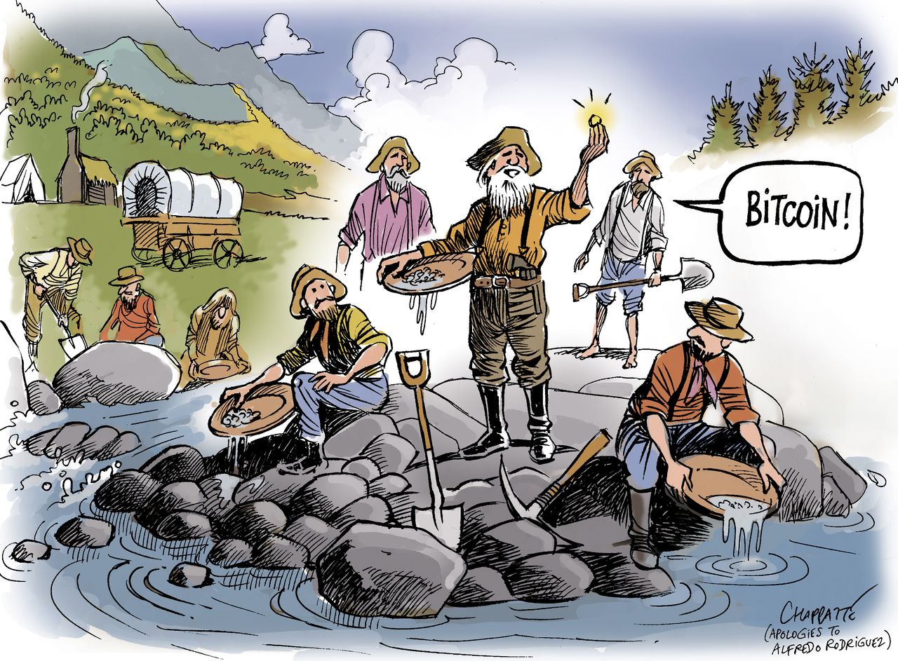 Editorial cartoon U.S. gold rush bitcoin