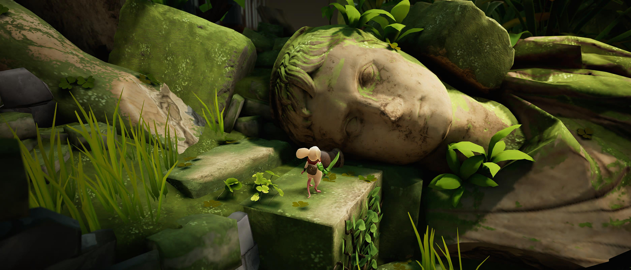A little mouse looks at a statue in Moss: The Forgotten Relic