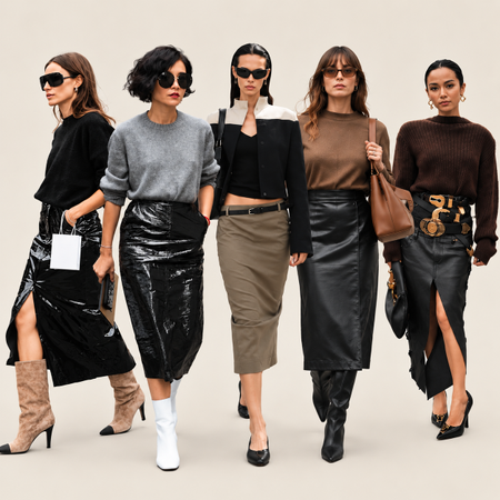 Five women wear pencil skirts styled with sweaters, leather, boots, and flats against a neutral beige background.