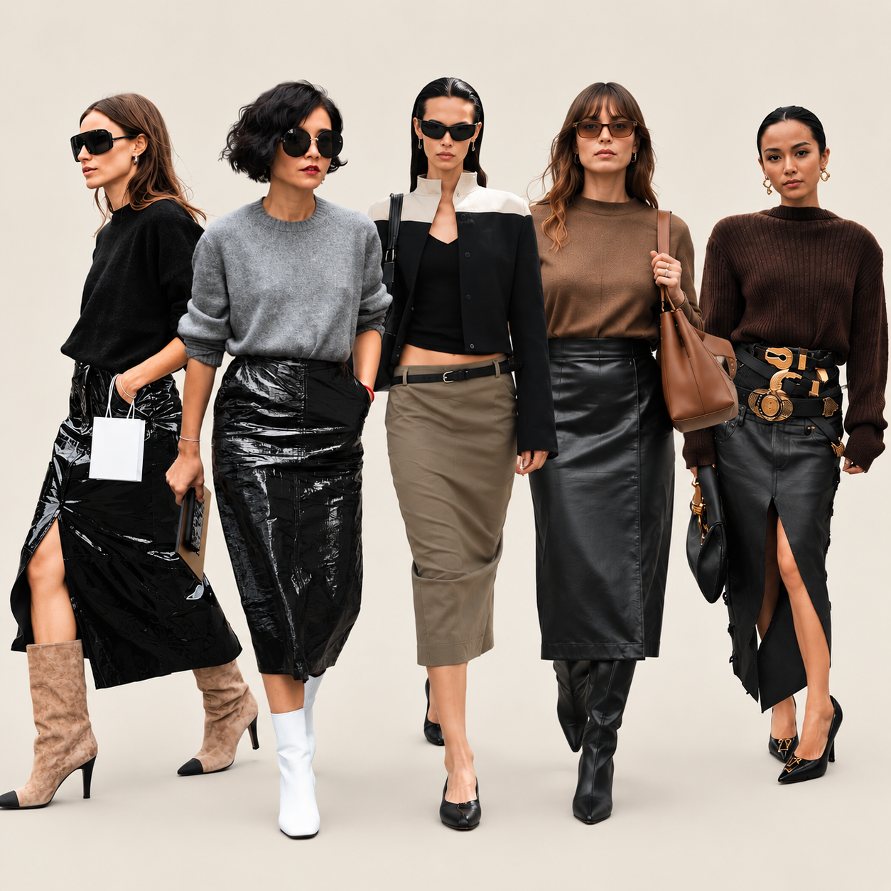 Five women wear pencil skirts styled with sweaters, leather, boots, and flats against a neutral beige background.