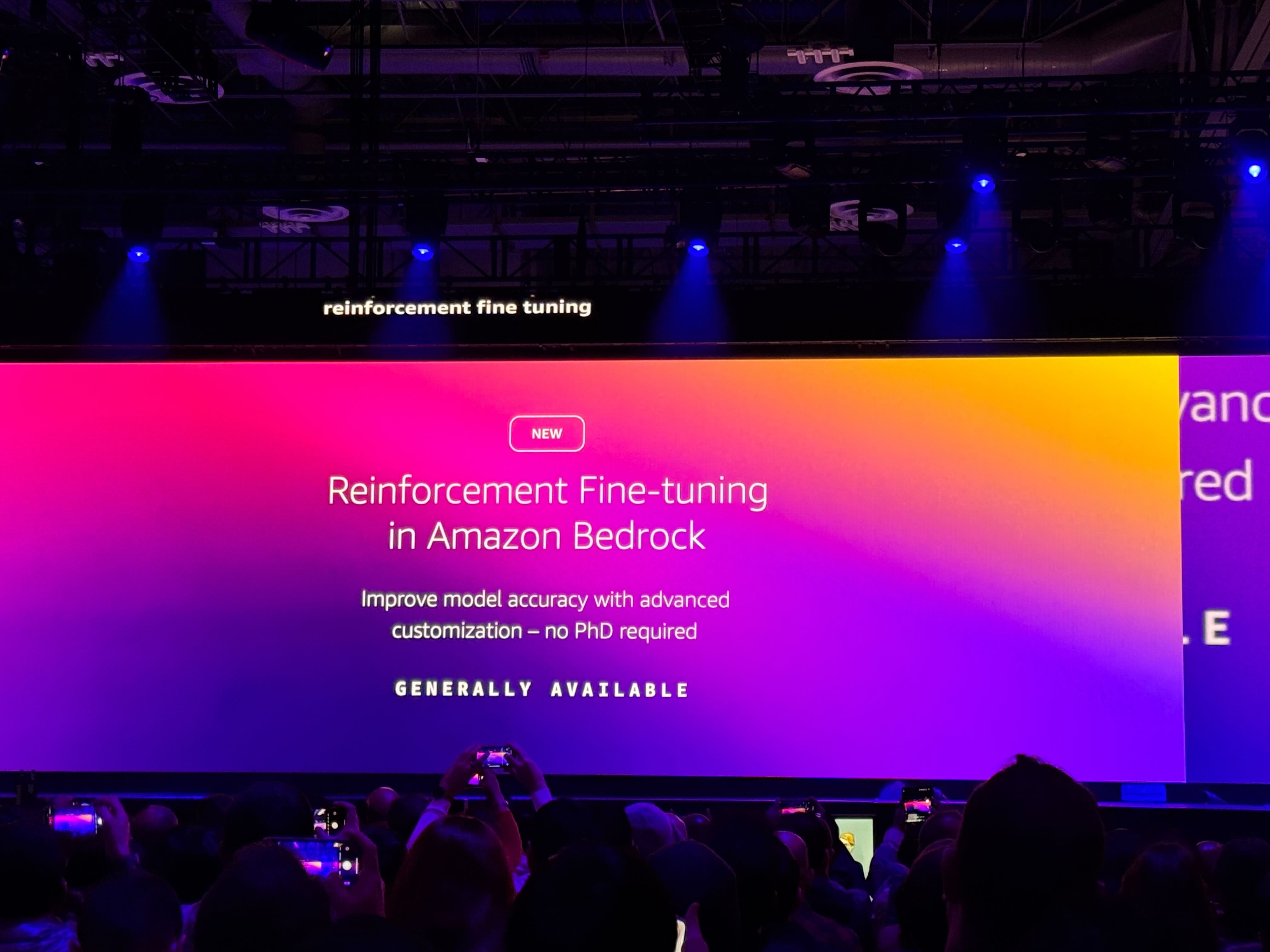Reinforcement fine-tuning service announcement by Swami Sivasubramanian on stage at AWS re:Invent 2025.