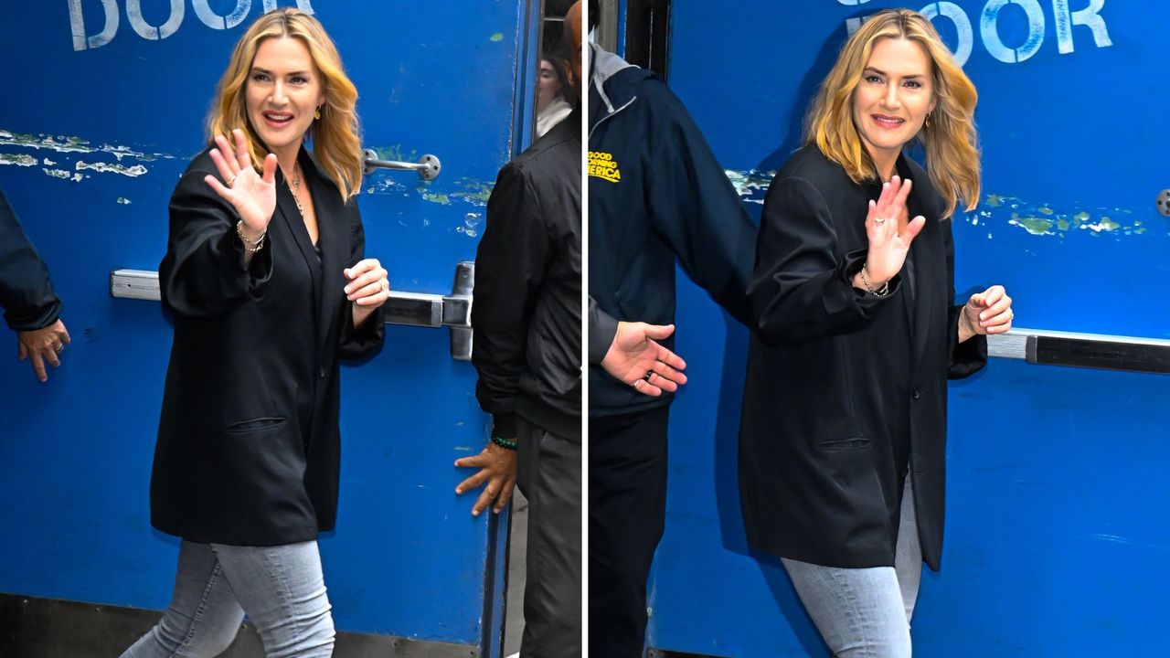 Composite of two pictures of Kate Winslet wearing skinny jeans, Chelsea boots and an oversized blazer in September 2024