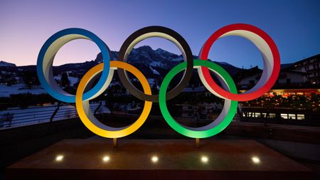  A general view of the Olympic rings in front of the Olympia delle Tofane ski run during Milano Cortina 2026 Winter Olympic Games - 1 Year To Go event on February 06, 2025 in Cortina d'Ampezzo, Italy. 