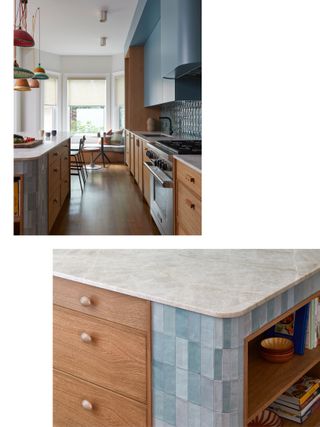 a light blue kitchen with wood cabinets looking down to a window seat and a close up of a tile light blue island and countertop