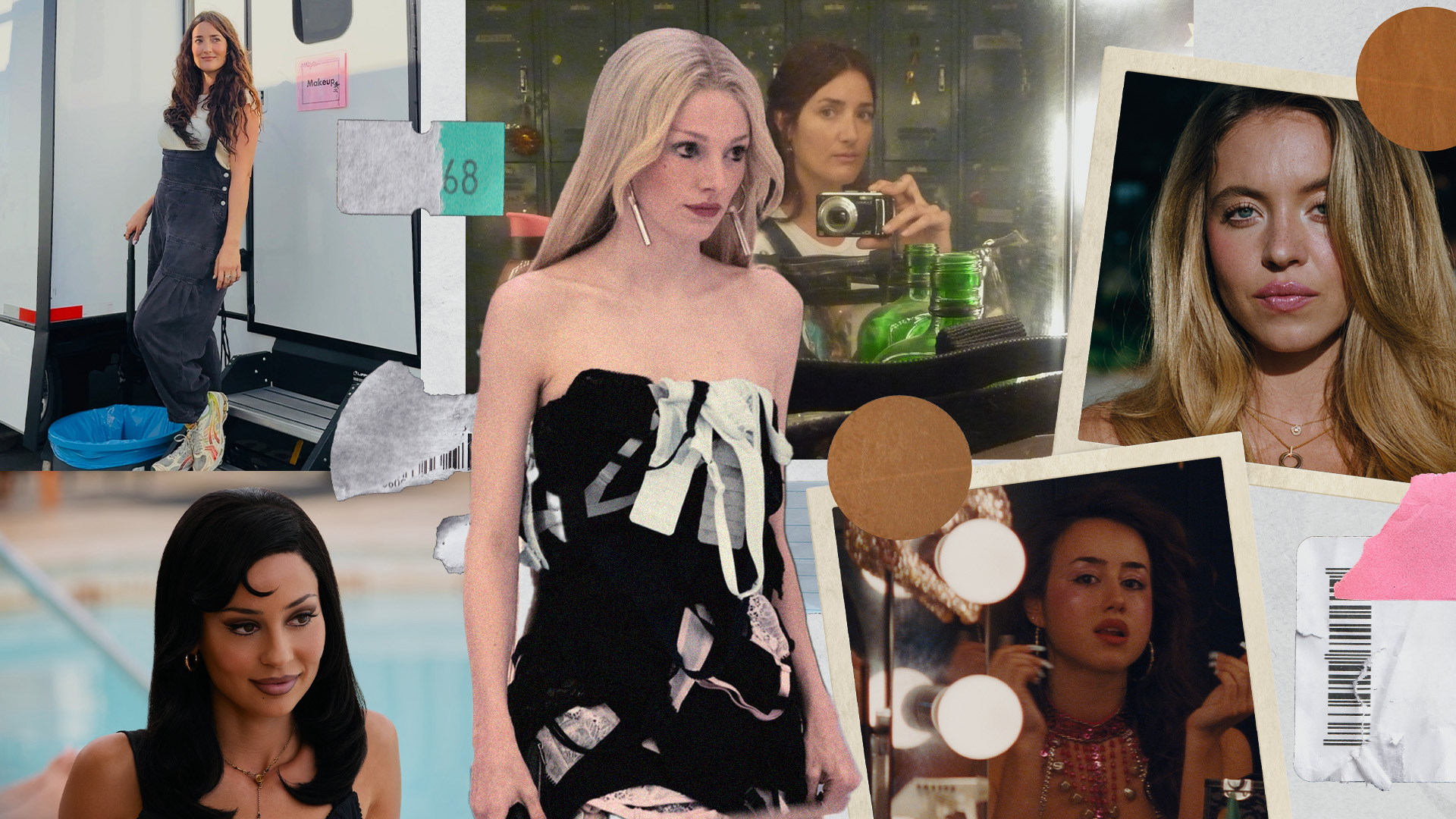 A collage of still shots from HBO's Euphoria season 3 and head makeup artist Donni Davy on the set of the same season.