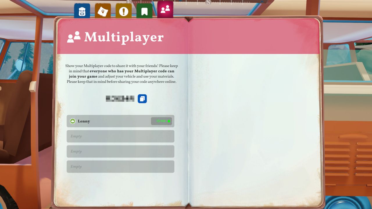 The multiplayer menu from Outbound, showing the player code section and a host player