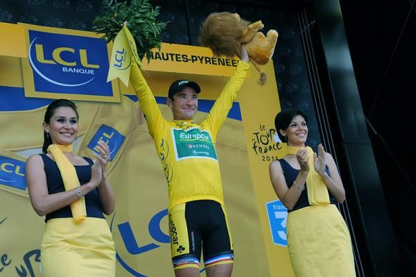 Thomas Voeckler (Europcar) celebrates another day in the yellow jersey.