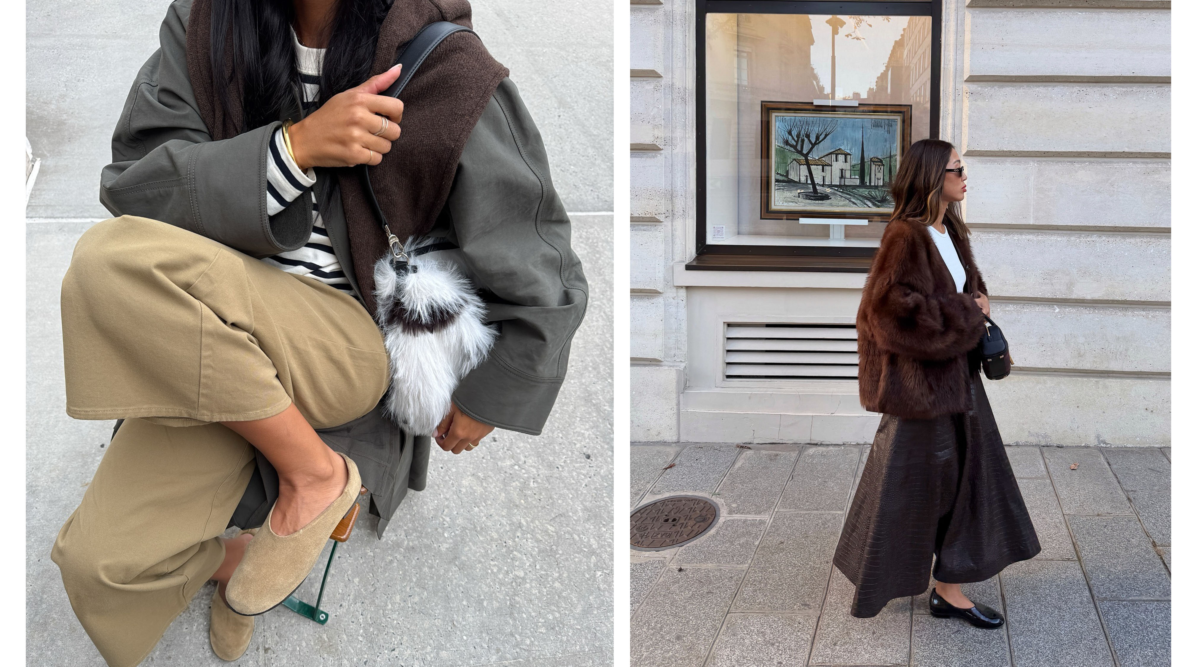 Two women wearing flat shoe outfits.