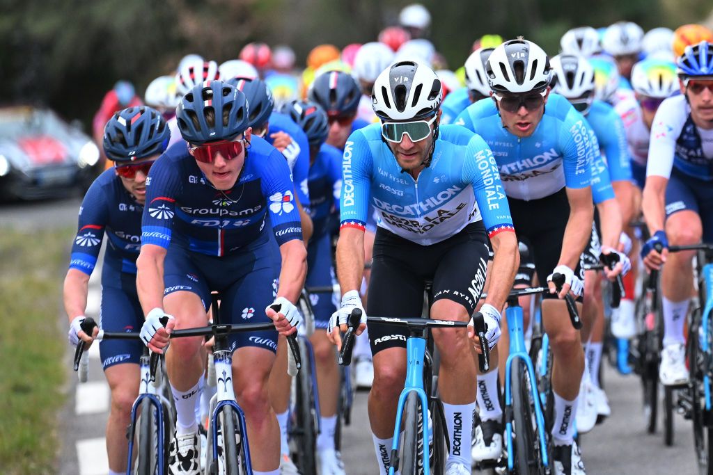 MONT-FARON, FRANCE - FEBRUARY 16: (L-R) Lars Van Den Berg of The Netherlands and Team Groupama-FDJ and Lawrence Warbasse of The United States and Team Decathlon AG2R La Mondiale compete during the 1st Classic Var 2024 a 184.3km one day race from Saint-Raphael to Mont Faron 499m on February 16, 2024 in Mont Faron, France. (Photo by Billy Ceusters/Getty Images)