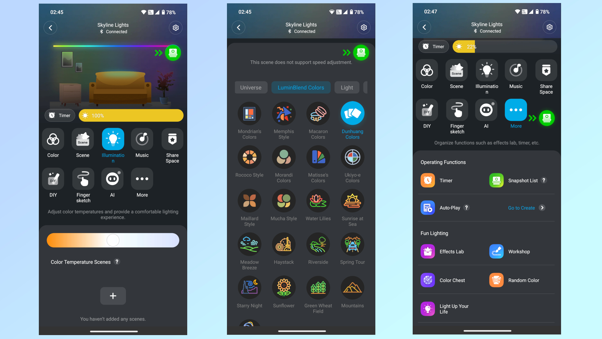 Screenshots from the Govee app showing the various settings and scenes of the Govee Strip Light with Skyline Kit