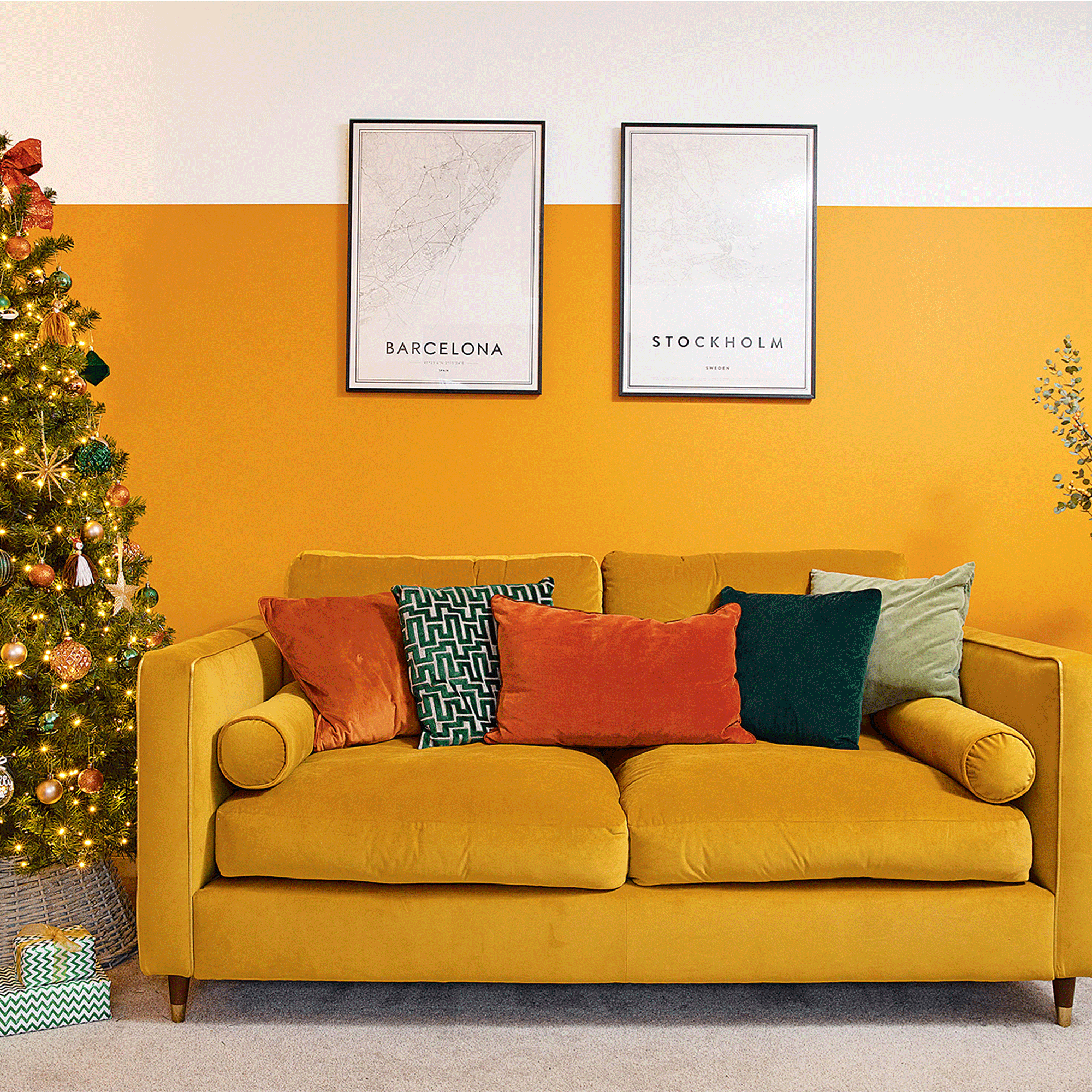 Yellow living room with yellow sofa