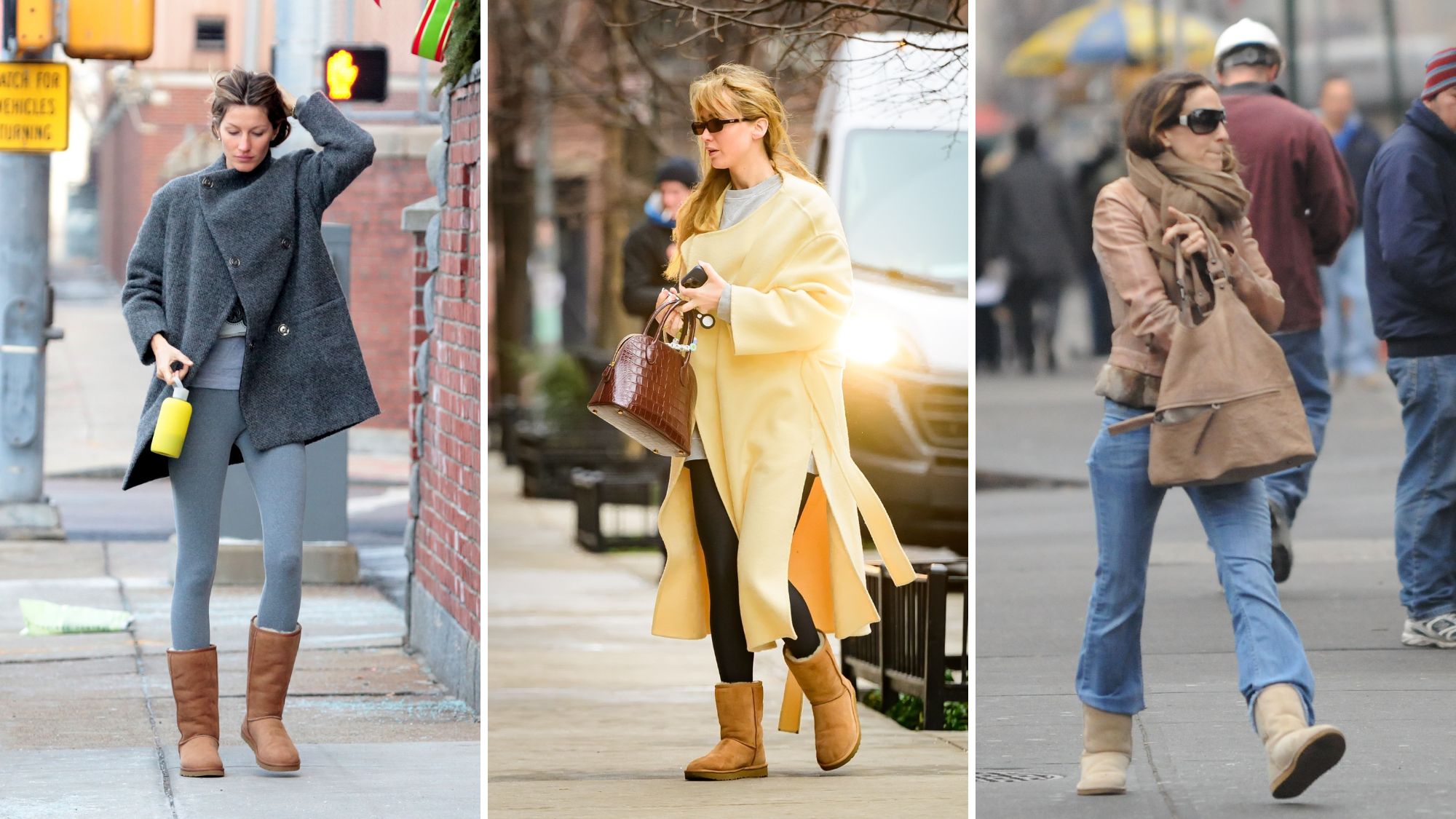Celebrities wearing UGG boots: Gisele Bundchen, 2013, Jennifer Lawrence, 2026, Sarah Jessica Parker, 2009. 