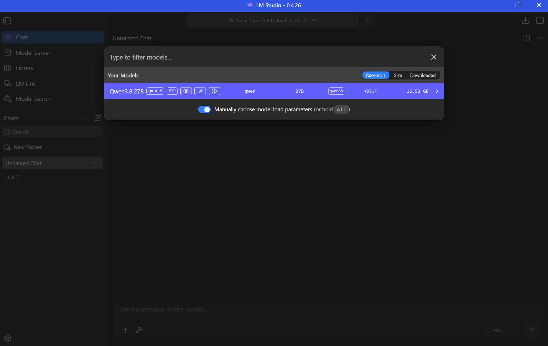 Dark-mode LM Studio screenshot with the model picker open, showing Qwen3 8B highlighted in purple and controls to filter and load models.