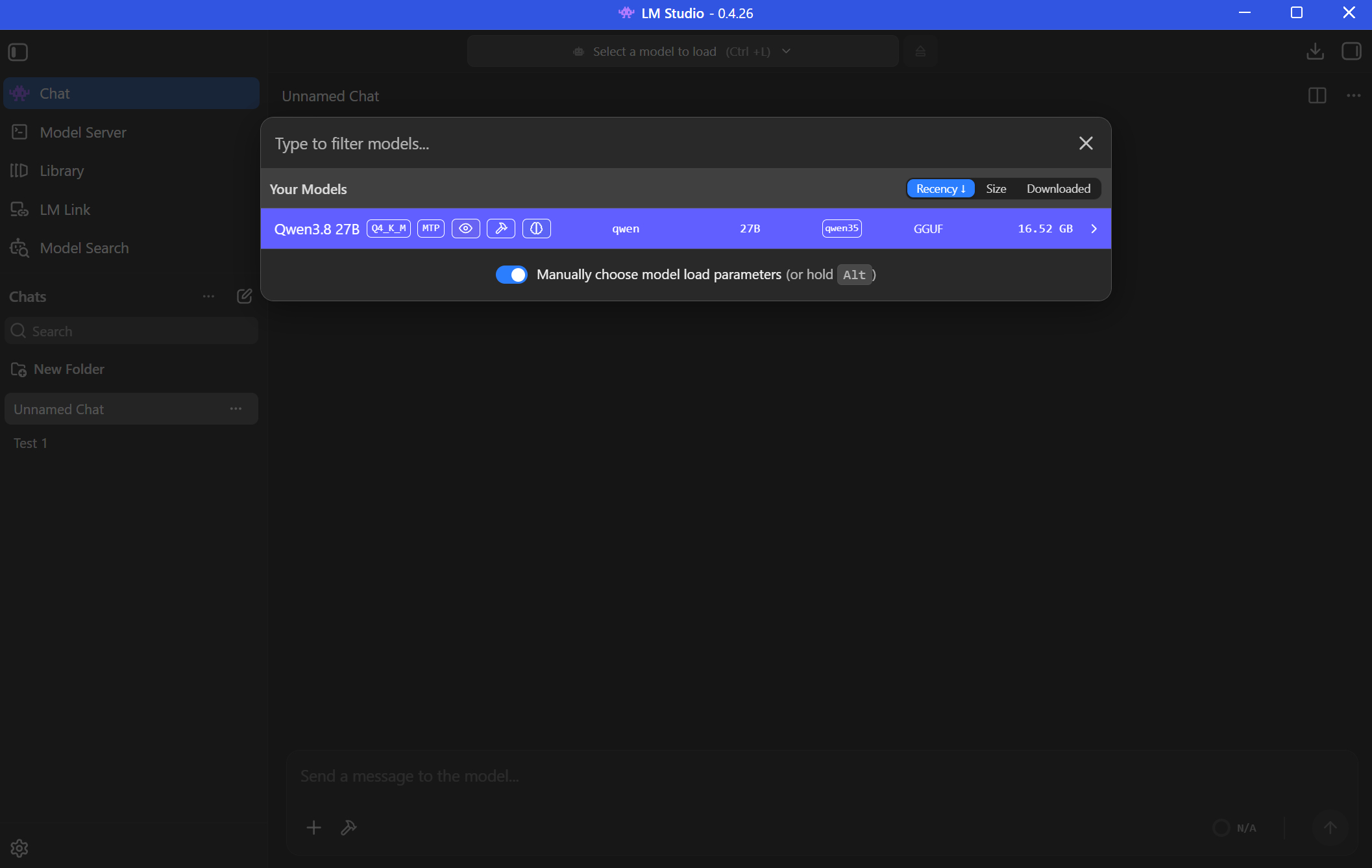 Dark-mode LM Studio screenshot with the model picker open, showing Qwen3 8B highlighted in purple and controls to filter and load models.