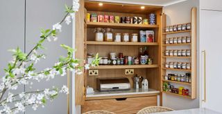 kitchen pantry with blossom tree in foreground
