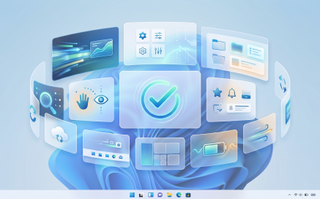 Futuristic Windows 11 interface with floating translucent panels displaying icons like a check mark, eye, gears, and graphs, conveying a tech-savvy theme.