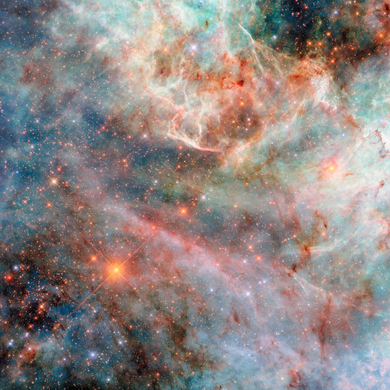 An image of the Large Magellanic Cloud with blue, purple, and pink hues