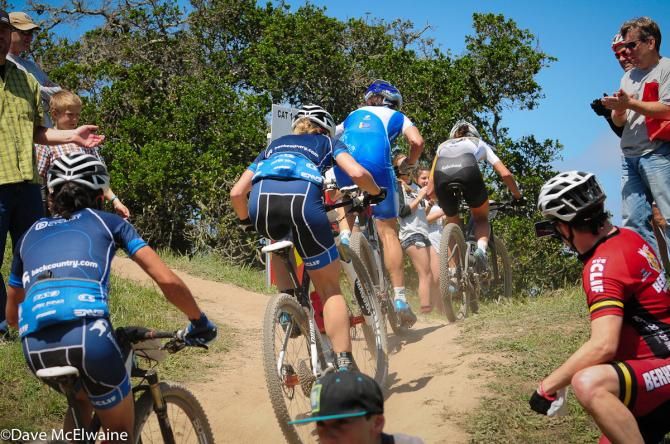 The leaders following Marianne Vos' wheel