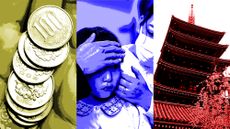 The left image shows a stack of coins, the middle shows a child being taken care of by a woman in a mask and the right shows a traditional Japanese temple.