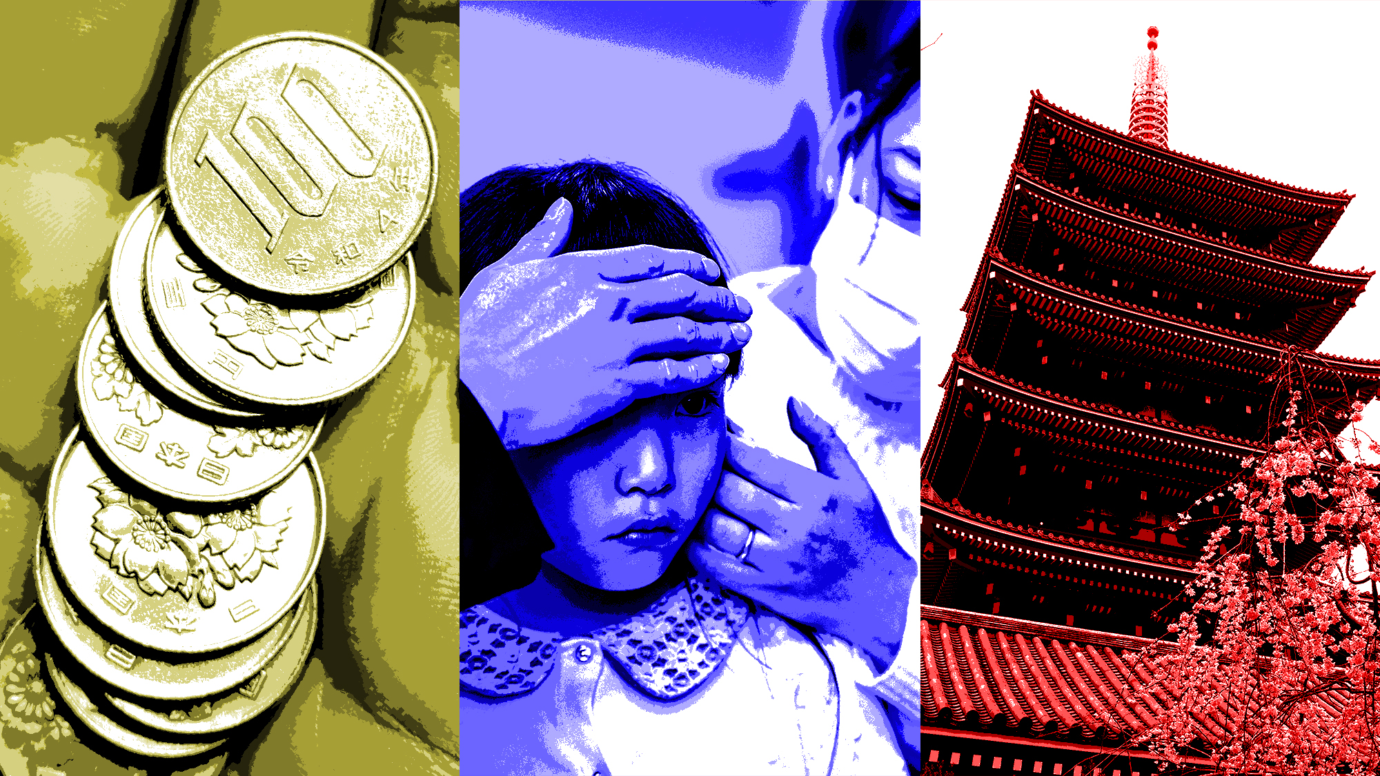 The left image shows a stack of coins, the middle shows a child being taken care of by a woman in a mask and the right shows a traditional Japanese temple.