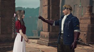 Cid and Aerith talk outside the temple of the ancients