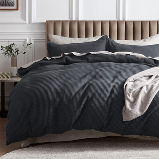 A black waffle bedding set