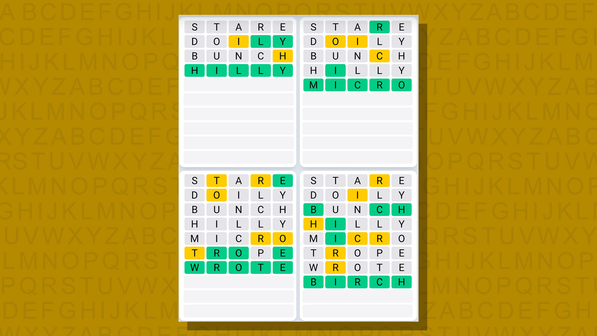Quordle daily sequence answers for game 674 on a yellow background