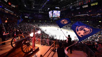 cannon being shot at Columbus Blue Jackets hockey game