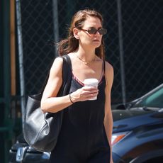 Katie Holmes wearing a black slip dress in NYC