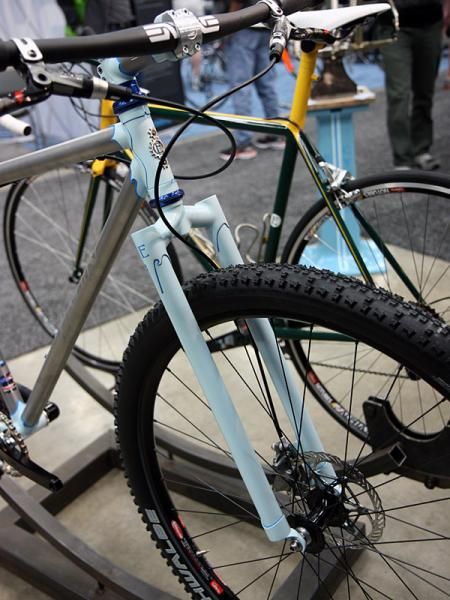 An elegant lugged fork adorns the front of this Engin Cycles stainless steel hardtail.