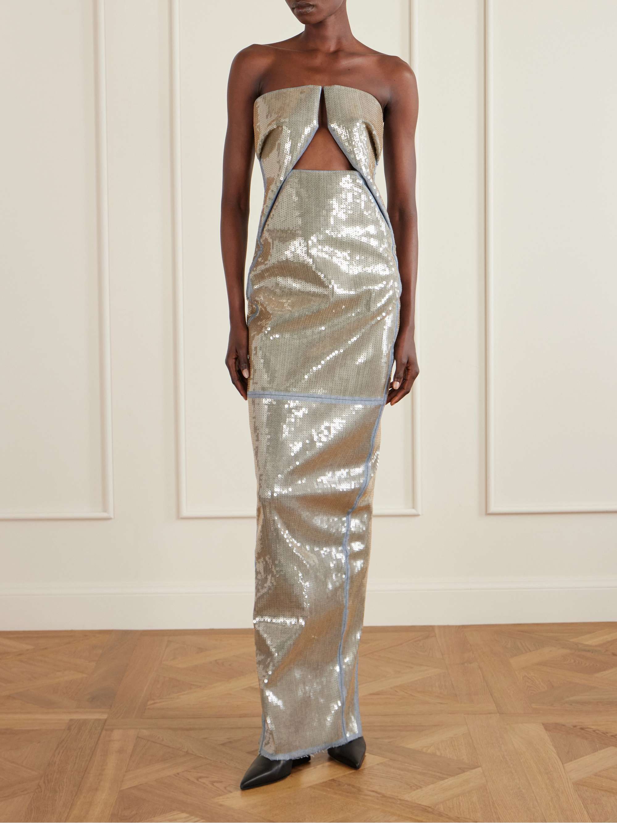 Strapless Cutout Sequined Denim Gown