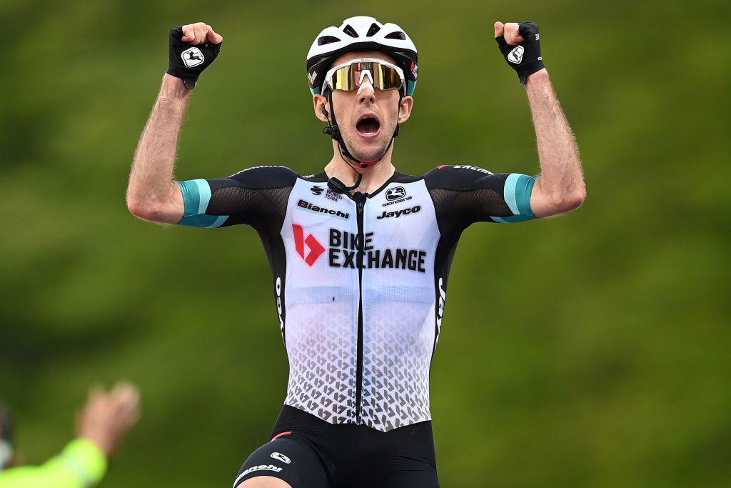 ALPE DI MERA VALSESIA ITALY MAY 28 Simon Yates of United Kingdom and Team BikeExchange stage winner celebrates at arrival during the 104th Giro dItalia 2021 Stage 19 a 166km stage from Abbiategrasso to Alpe di Mera Valsesia 1531m Team Presentation Stage modified due to the tragic events on May the 23rd 2021 that involved the Mottarone Cableway UCIworldtour girodiitalia Giro on May 28 2021 in Alpe di Mera Valsesia Italy Photo by Stuart FranklinGetty Images