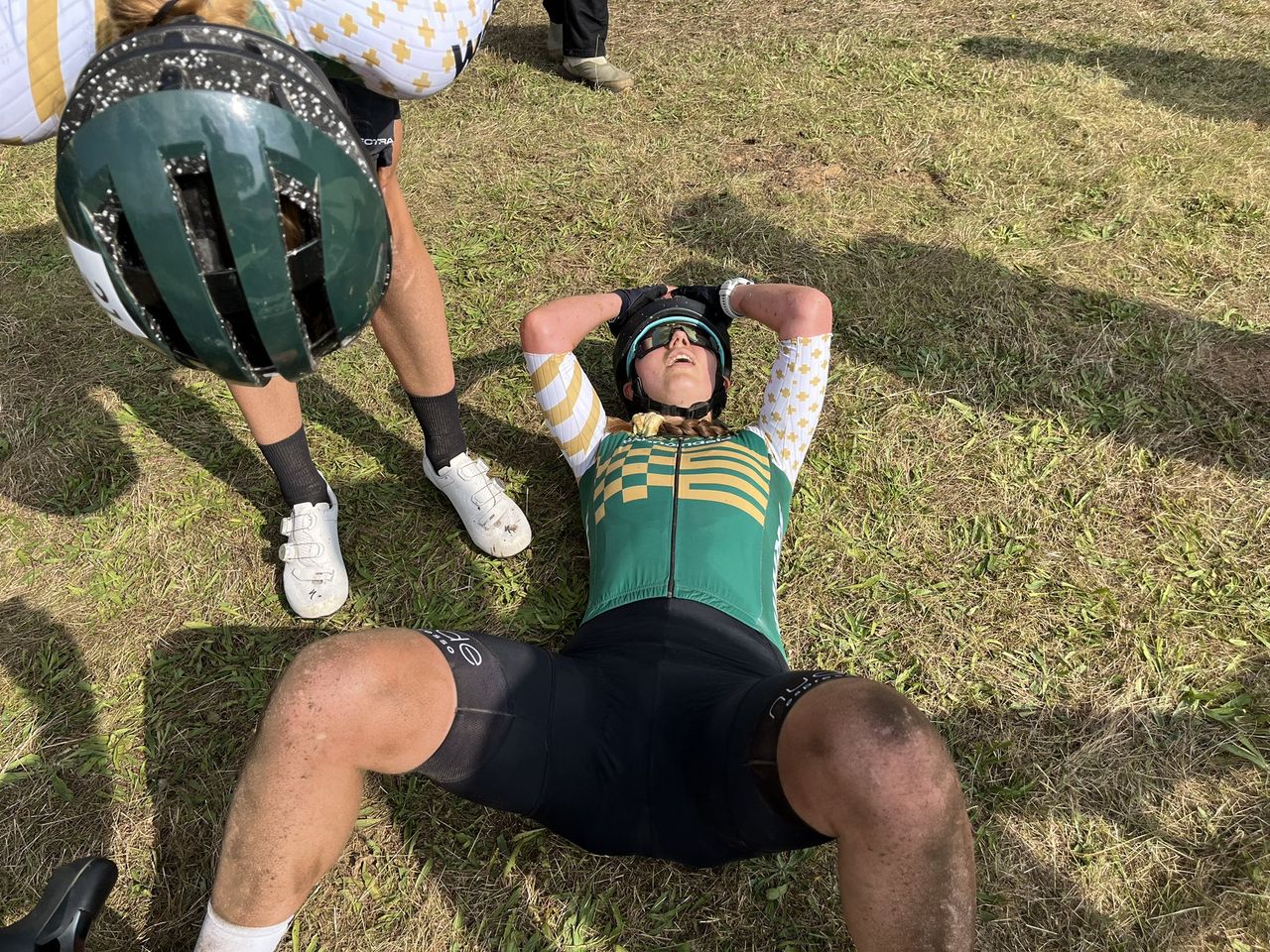 Xan Crees lying on the floor after winning British Gravel Championships