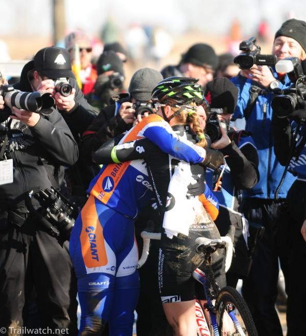 Katie Compton congratulates Kaitie Antonneau whom she coaches