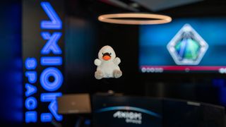 a small plush white baby swan appears to float inside a darkened room lit by neon lights and a video monitor