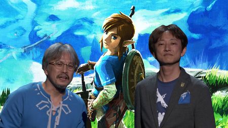 Photo illustration showing Zelda producer Eiji Aonuma and director Hidemaro Fujibayashi standing with Link.