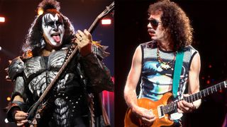 LEFT: Gene Simmons of KISS performs during KISS: End of the Road World Tour at Madison Square Garden on December 01, 2023 in New York City. RIGHT: Carlos Santana performs on stage at the Poplar Creek Music Theater in Hoffman Estates, Illinois, May 29, 1985. 