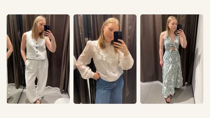 Woman in dressing room wears white waistcoat