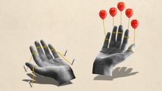 Illustration of a left hand tied down, a right hand floating upward on balloons