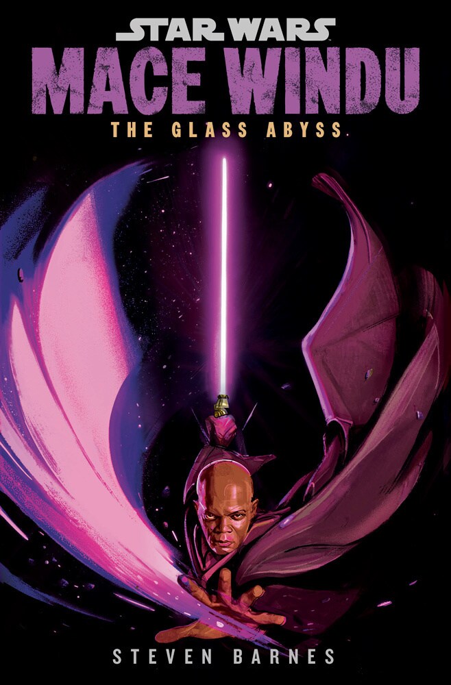 cover of a sci-fi book showing a bald man in a flowing purple robe staring menacingly and holding a purple light saber
