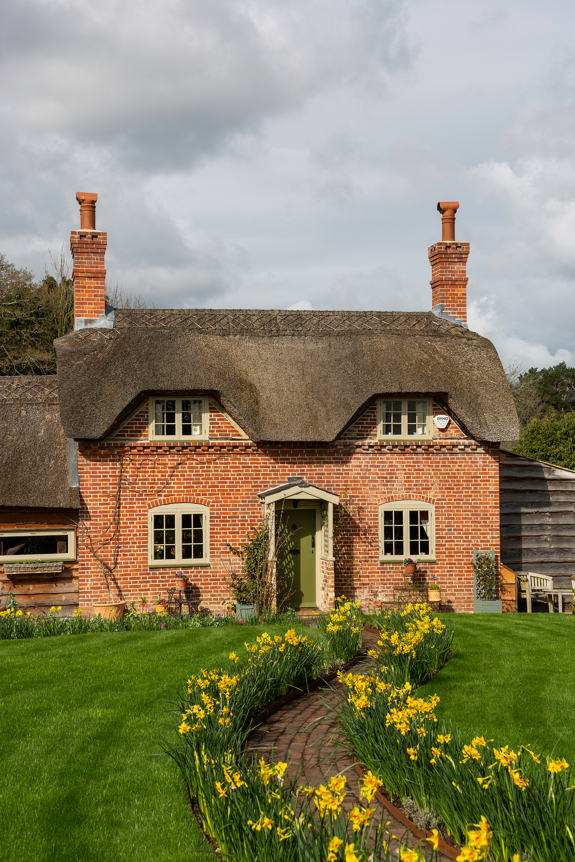 thatched cottage with daffodils