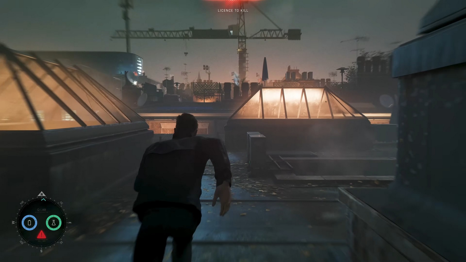 James Bond in 007 First Light runs across London rooftops while avoiding fire